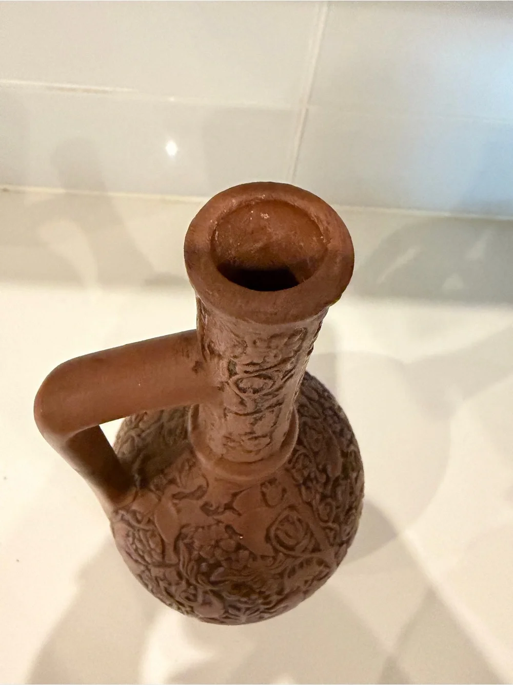 Vintage Handcrafted Brown Decorative Floral Pitcher Vase - Unbranded